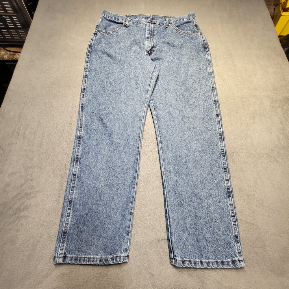 Rustler Jeans Mens 36x29 Blue Straight Leg Distressed Denim